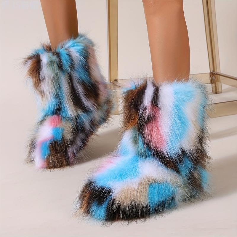 Trendy Colorful Fluffy Furry Snow Boots - Insulated Winter Thermal Slip-Ons for Ultra-Comfy All-Weather Wear - Stylish Mid Calf Flat Sole Boots for Fashion Forward Outfits Footwear Girl Women Walking Shoes Comfort Knee