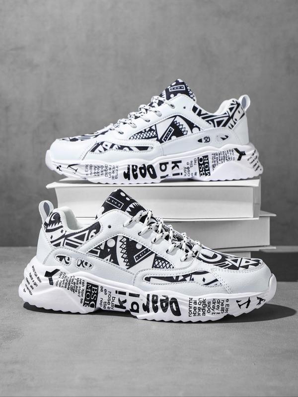 Men's Fashion Random Letter Graffiti Pattern Lace Up Low Top Sneakers, Trendy Breathable Comfortable Sports Running Shoes, Perfect for Students and Outdoor Sports