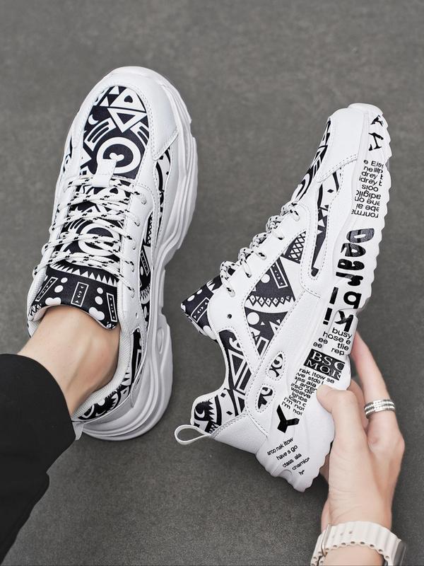 Men's Fashion Random Letter Graffiti Pattern Lace Up Low Top Sneakers, Trendy Breathable Comfortable Sports Running Shoes, Perfect for Students and Outdoor Sports