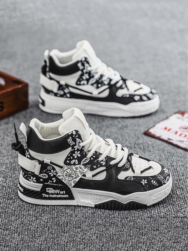 Men's Fashion Colorblock Paisley Pattern Lace Up High Top Sneakers, Casual Comfortable Sports Shoes for Outdoor Activities, Male All-match Round Toe Shoes for Daily Wear