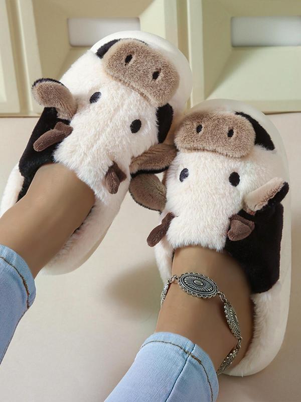 Women's Cute Cartoon Cow Plush Slippers, Casual Soft Comfortable Home Slippers, Warm Slippers for Indoor & Outdoor Use for Fall & Winter