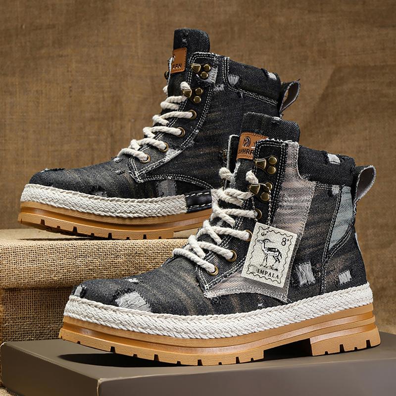 Men's Distressed Design Lace-up Boots, Casual Walking Shoes,Comfortable And Breathable