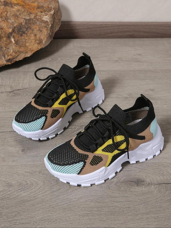 Women's Fashionable Colorblock Lace Up Low Top Sneakers, Casual Comfortable Sports Running Shoes, Female All-match Round Toe Shoes for Daily Wear