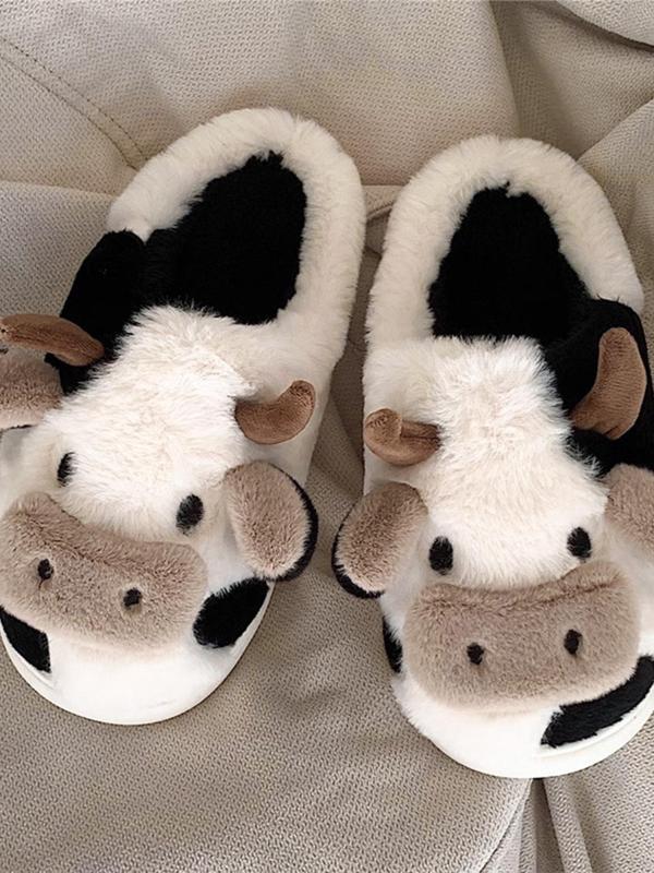 Women's Cute Cartoon Cow Plush Slippers, Casual Soft Comfortable Home Slippers, Warm Slippers for Indoor & Outdoor Use for Fall & Winter