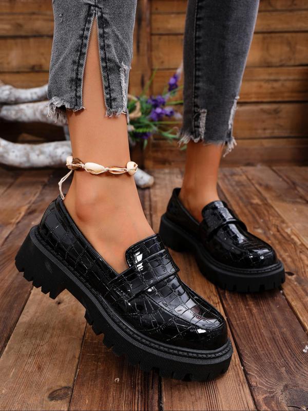 Women's Fashionable Crocodile Embossed Slip on Loafers, Casual Comfortable Round Toe Platform Shoes for Daily Wear, All Match Shoes for Daily Wear