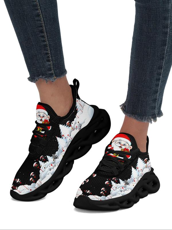 Women's Christmas Print Lace Up Front Low Top Sneakers, Casual Comfortable Breathable Sports Running Shoes, Female All-match Round Toe Shoes for Daily Wear