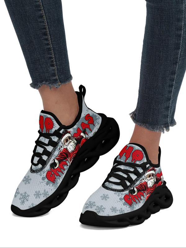 Women's Christmas Print Lace Up Front Low Top Sneakers, Casual Comfortable Breathable Sports Running Shoes, Female All-match Round Toe Shoes for Daily Wear