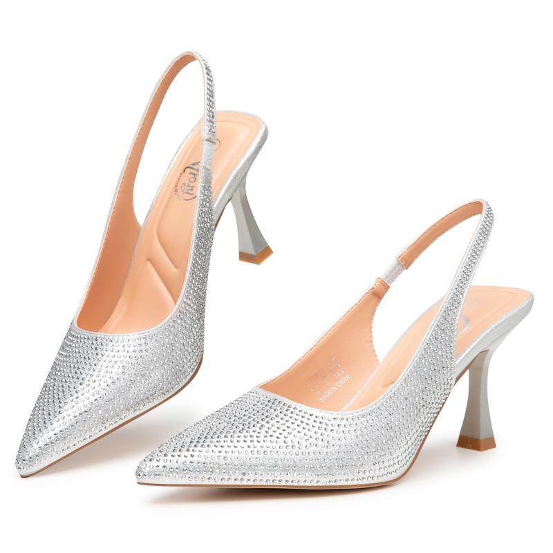 Trary Slingback Heels for Women Pointed Toe Pumps Shoes 3.2inch High Heel Slip On Rhinestone Glitter Heels Comfy Heels for Party Working Dressy Office Banquet High Heel Sandal Pump Footwear Walking Shoes