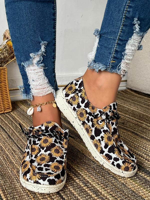 Women's 2024 Trendy Cow & Sunflower Print Low Top Sneakers, Casual Comfortable Slip on Flat Shoes, Classic Matching Sports Shoes, Walking Shoes