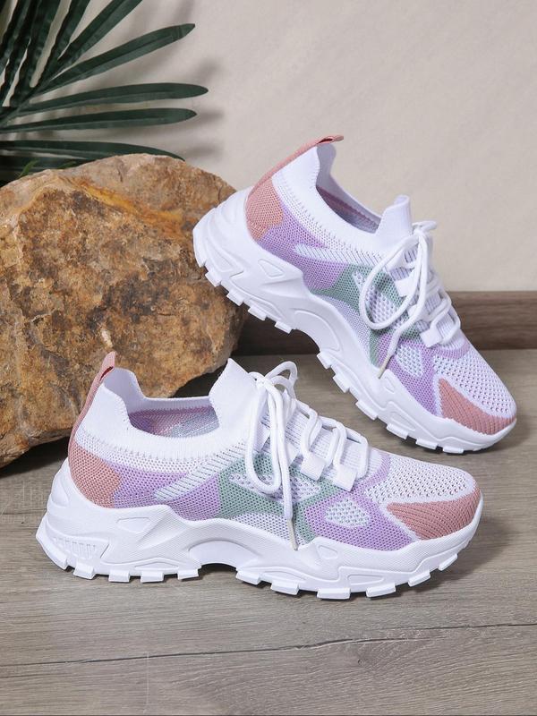 Women's Fashionable Colorblock Lace Up Low Top Sneakers, Casual Comfortable Sports Running Shoes, Female All-match Round Toe Shoes for Daily Wear