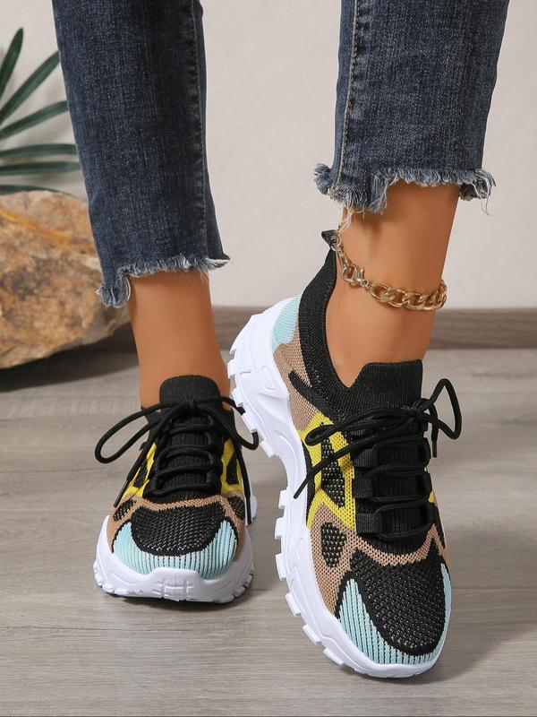 Women's Fashionable Colorblock Lace Up Low Top Sneakers, Casual Comfortable Sports Running Shoes, Female All-match Round Toe Shoes for Daily Wear