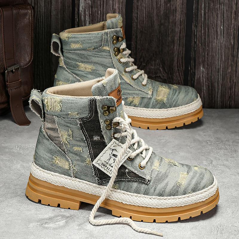 Men's Distressed Design Lace-up Boots, Casual Walking Shoes,Comfortable And Breathable