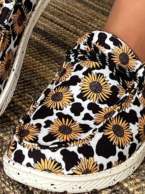 Women's 2024 Trendy Cow & Sunflower Print Low Top Sneakers, Casual Comfortable Slip on Flat Shoes, Classic Matching Sports Shoes, Walking Shoes