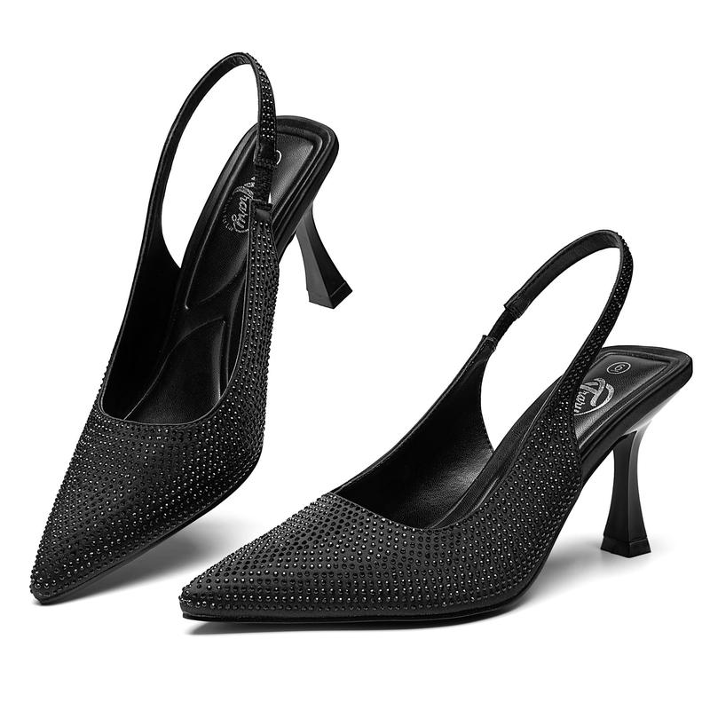 Trary Slingback Heels for Women Pointed Toe Pumps Shoes 3.2inch High Heel Slip On Rhinestone Glitter Heels Comfy Heels for Party Working Dressy Office Banquet High Heel Sandal Pump Footwear Walking Shoes