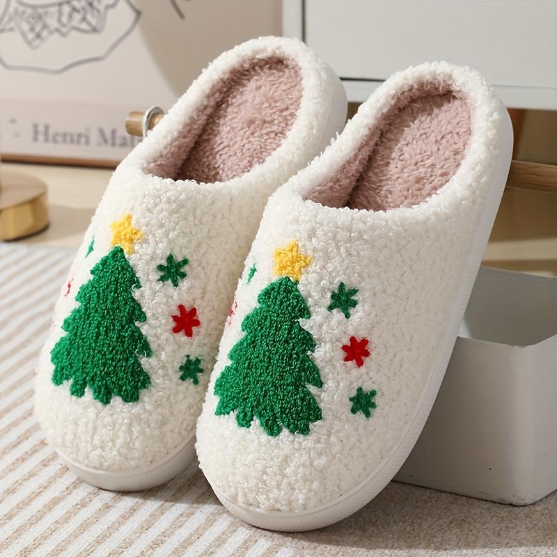 Cotton Slippers for Women Christmas Tree Pattern Fuzzy Slippers, Winter Warm Closed Toe Flat Floor Shoes, Cozy Soft Sole Plush Home Slippers