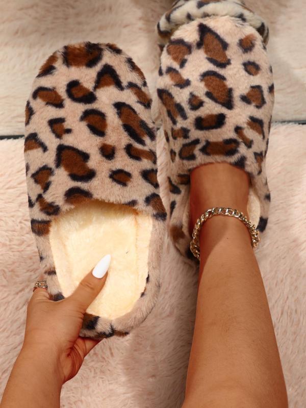 Women's Leopard Print Fluffy Plush Slippers, Casual Soft Comfortable Home Slippers, Warm Slippers for Indoor & Outdoor Use for Fall & Winter