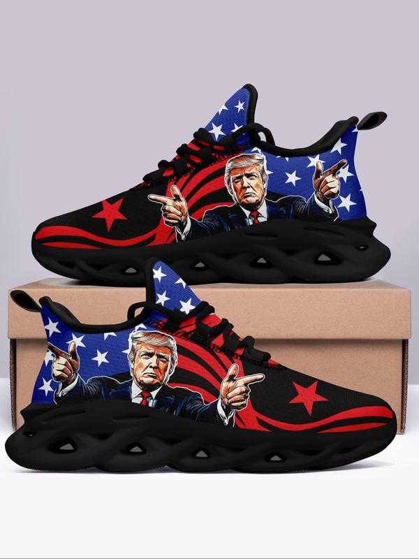 Men's American Flag & Figure Print Lace Up Sneakers, Casual Comfortable Breathable Sports Running Shoes, Male All-match Round Toe Shoes for Daily Wear