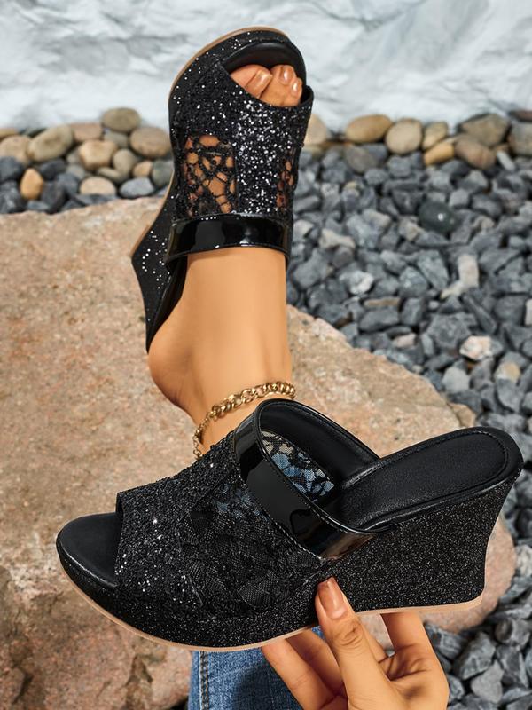 Women's Floral Pattern Contrast Sequin Slip on Wedge Sandals, Boho Style Wedge Sandals for Summer, Lightweight Breathable Comfortable Shoes for Daily