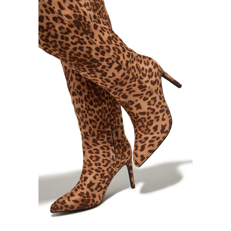 Portia Knee High Heel Boots - Leopard