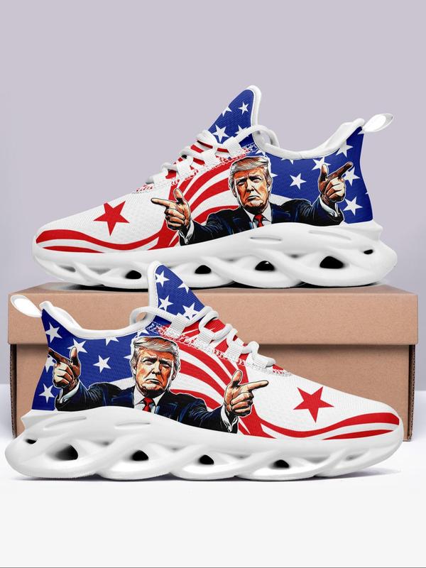 Men's American Flag & Figure Print Lace Up Sneakers, Casual Comfortable Breathable Sports Running Shoes, Male All-match Round Toe Shoes for Daily Wear