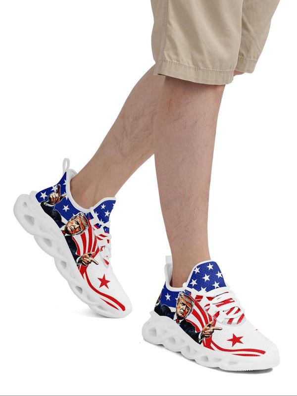 Men's American Flag & Figure Print Lace Up Sneakers, Casual Comfortable Breathable Sports Running Shoes, Male All-match Round Toe Shoes for Daily Wear