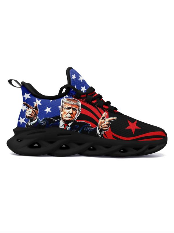 Men's American Flag & Figure Print Lace Up Sneakers, Casual Comfortable Breathable Sports Running Shoes, Male All-match Round Toe Shoes for Daily Wear