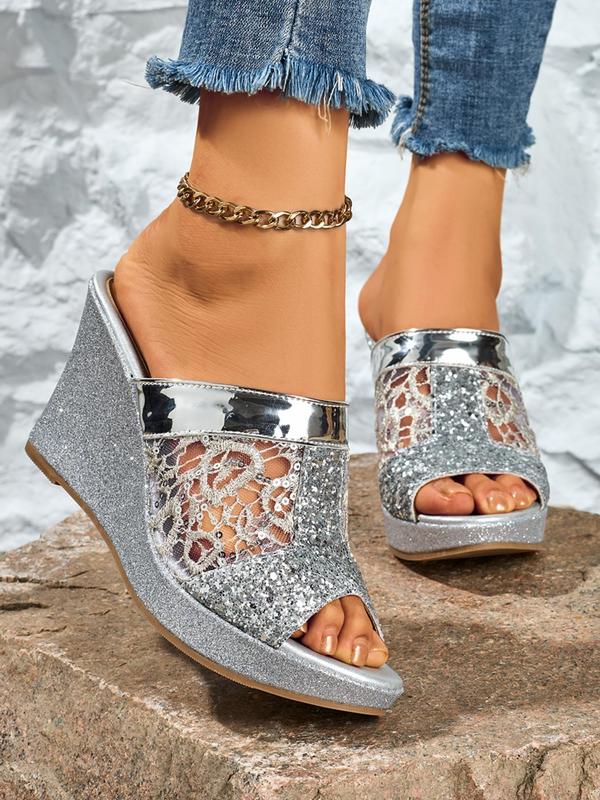 Women's Floral Pattern Contrast Sequin Slip on Wedge Sandals, Boho Style Wedge Sandals for Summer, Lightweight Breathable Comfortable Shoes for Daily