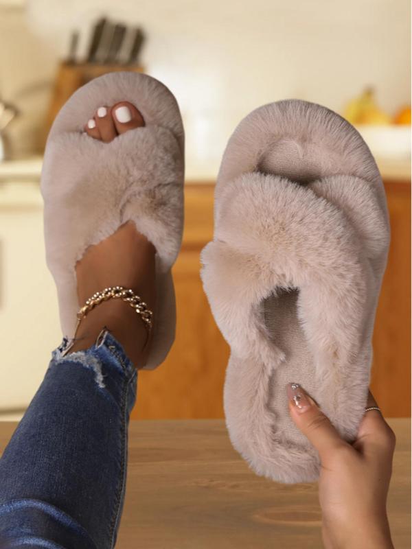 Women's Solid Color Fluffy Plush Slippers, Casual Soft Comfortable Crossed Strap Home Slippers, Warm Slippers for Indoor & Outdoor Use for Fall & Winter