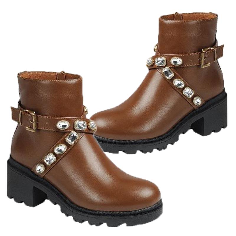 PACIFIC-13 WOMEN BOOTIES CHUNKY PLATFORM HEEL BUCKLE RHINESTONE DESIGN WITH A SIDE ZIPPER