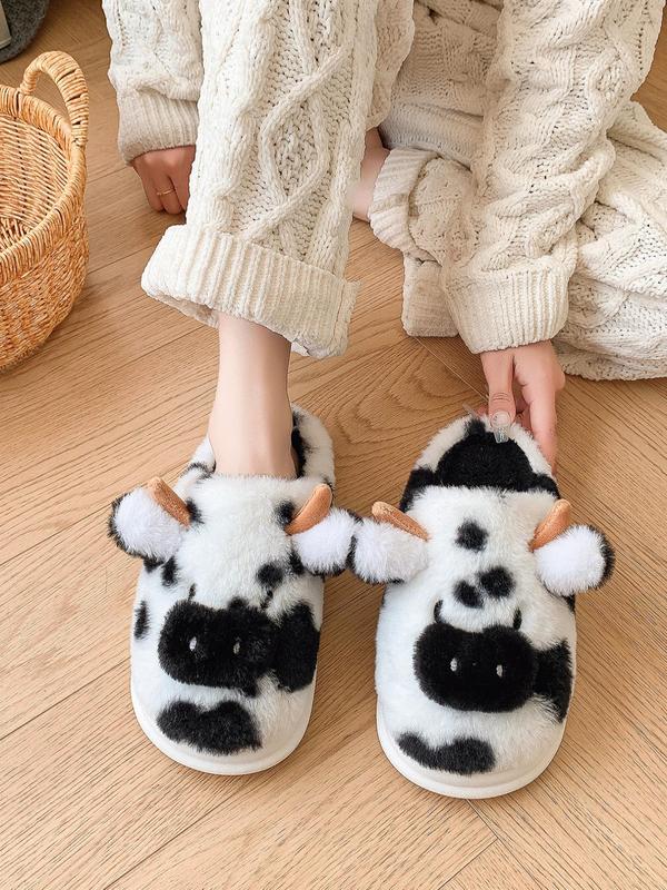 Women's Cute Cow Design Plush Slippers,  Cow Slippers, Casual Soft Comfortable Home Slippers, Fluffy Fall & Winter House Shoes for Indoor and Outdoor, Designer Slides