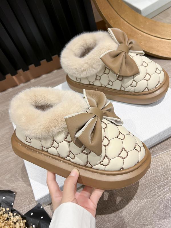 Women's Bowknot Design Embroidering Plush Slippers, Casual Soft Comfortable Home Slippers, Warm Slippers for Indoor & Outdoor Use for Fall & Winter