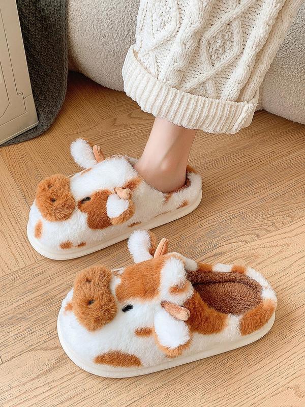 Women's Cute Cow Design Plush Slippers,  Cow Slippers, Casual Soft Comfortable Home Slippers, Fluffy Fall & Winter House Shoes for Indoor and Outdoor, Designer Slides