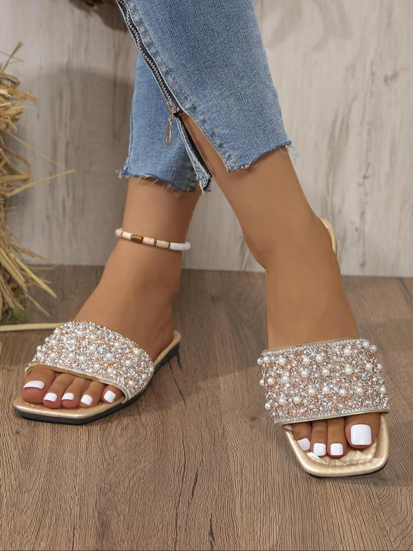 Women's Elegant Faux Pearl & Rhinestone Decorated Slide Sandals, Trendy Exquisite Flat Sandals, Fashionable Shoes for Daily Wear