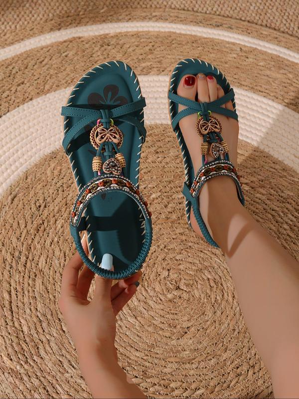 Women's Fashionable Rhinestone Decorated Butterfly & Heart Design Slip on Sandals, Boho Style Slingback Sandals for Summer, Lightweight Breathable Comfortable Barefoot Shoes