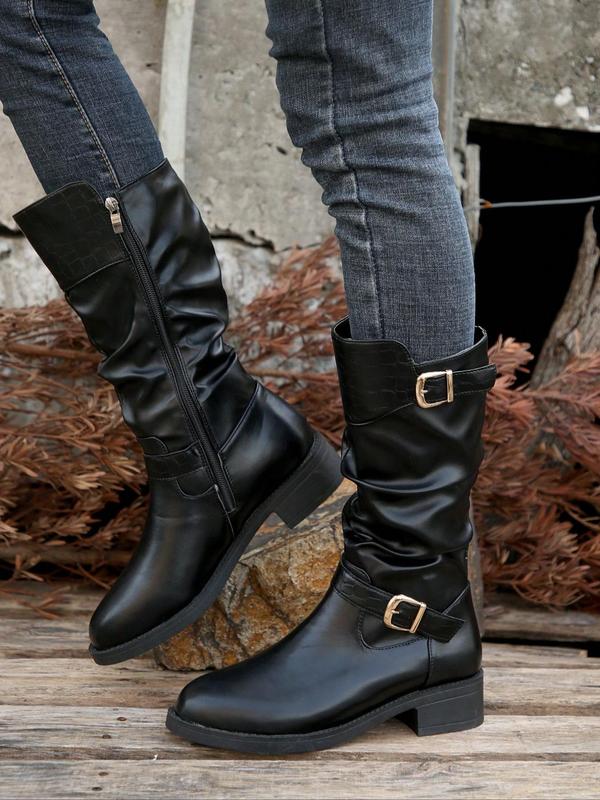 Women's Fashionable Crocodile Embossed Belted Boots, Casual Round Toe Zipper Design Boots for Daily Wear, Female All-match Trendy Shoes for Daily Wear