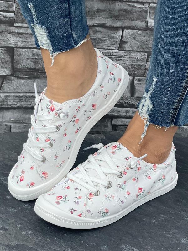 Women's Ditsy Floral Print Lace Up Low Top Sneakers, Casual Comfortable Breathable Sports Shoes, All-match Commuter Shoes for Work