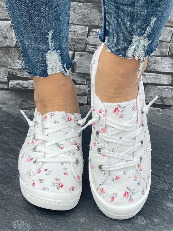 Women's Ditsy Floral Print Lace Up Low Top Sneakers, Casual Comfortable Breathable Sports Shoes, All-match Commuter Shoes for Work