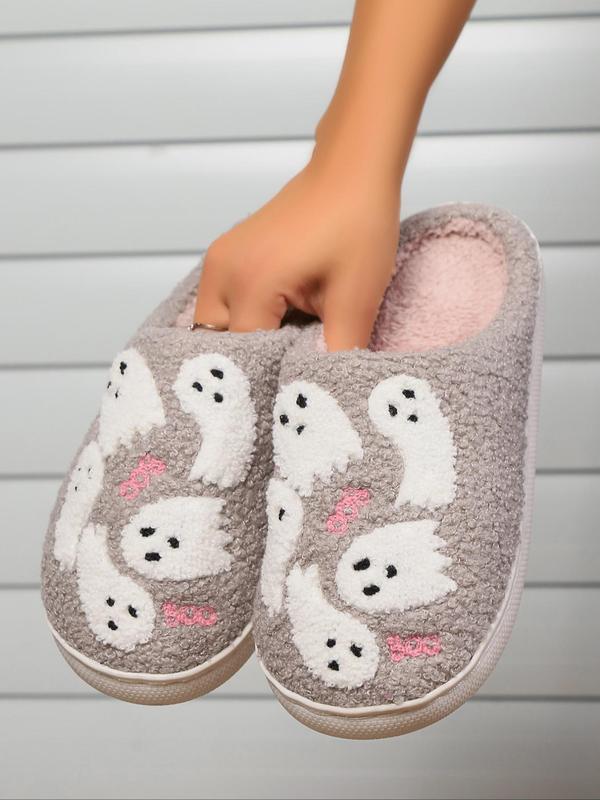 Women's Cute Cartoon Ghost Pattern Plush Slippers, Casual Soft Comfortable Home Slippers, Halloween Themed Bedroom Slippers, Warm Slippers for Indoor & Outdoor Use for Fall & Winter