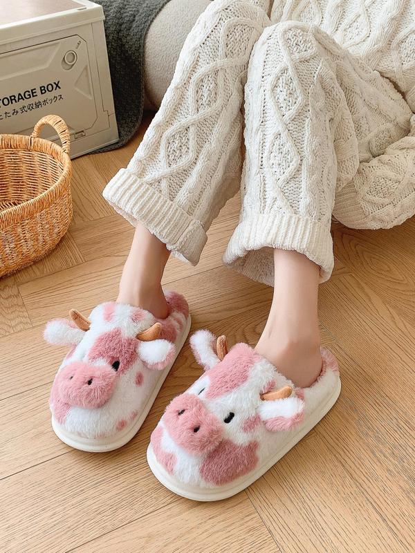 Women's Cute Cow Design Plush Slippers,  Cow Slippers, Casual Soft Comfortable Home Slippers, Fluffy Fall & Winter House Shoes for Indoor and Outdoor, Designer Slides