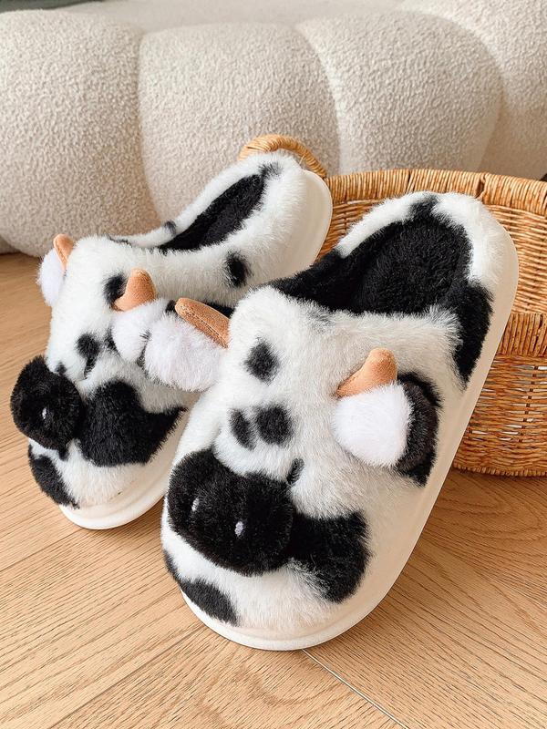 Women's Cute Cow Design Plush Slippers,  Cow Slippers, Casual Soft Comfortable Home Slippers, Fluffy Fall & Winter House Shoes for Indoor and Outdoor, Designer Slides