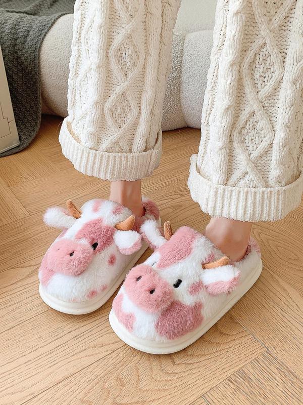 Women's Cute Cow Design Plush Slippers,  Cow Slippers, Casual Soft Comfortable Home Slippers, Fluffy Fall & Winter House Shoes for Indoor and Outdoor, Designer Slides