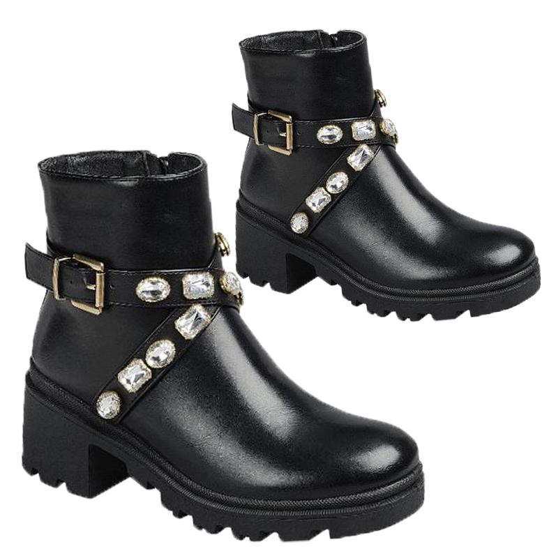 PACIFIC-13 WOMEN BOOTIES CHUNKY PLATFORM HEEL BUCKLE RHINESTONE DESIGN WITH A SIDE ZIPPER