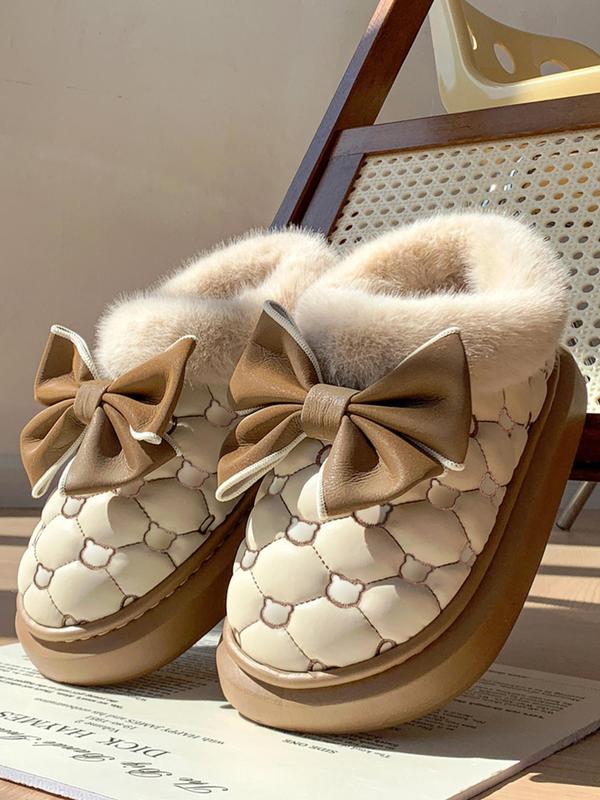 Women's Bowknot Design Embroidering Plush Slippers, Casual Soft Comfortable Home Slippers, Warm Slippers for Indoor & Outdoor Use for Fall & Winter