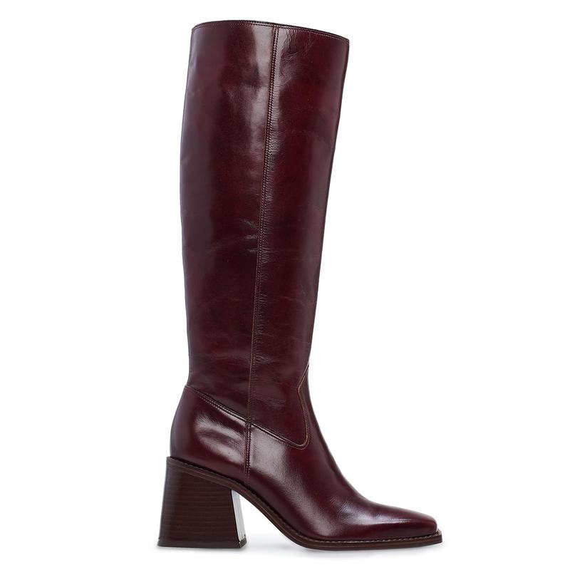 Dark Mahogany Women's Knee High Boots with Zipper Burgundy Chunky Block Heel Long Boots for Women Casual Square Toe Wide Calf Boots Low Heel Womens Boots