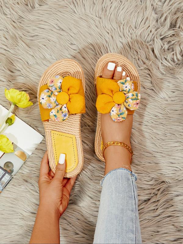 Women's Flower Decor Hemp Rope Bottom Slip-on Sandals, Boho Style Open Toe Flat Sandals for Summer, Casual Comfortable Slide Sandals for Women & Girls