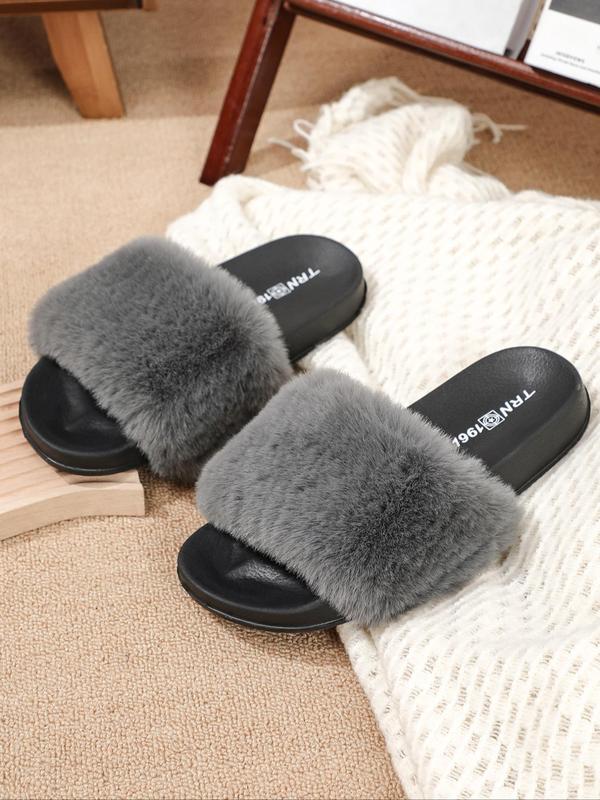 Women's Fashionable Solid Color Fluffy Plush Flat Slippers, Casual Soft Comfortable Home Slippers for Daily Wear, Perfect for Women & Girls for Indoor and Outdoor