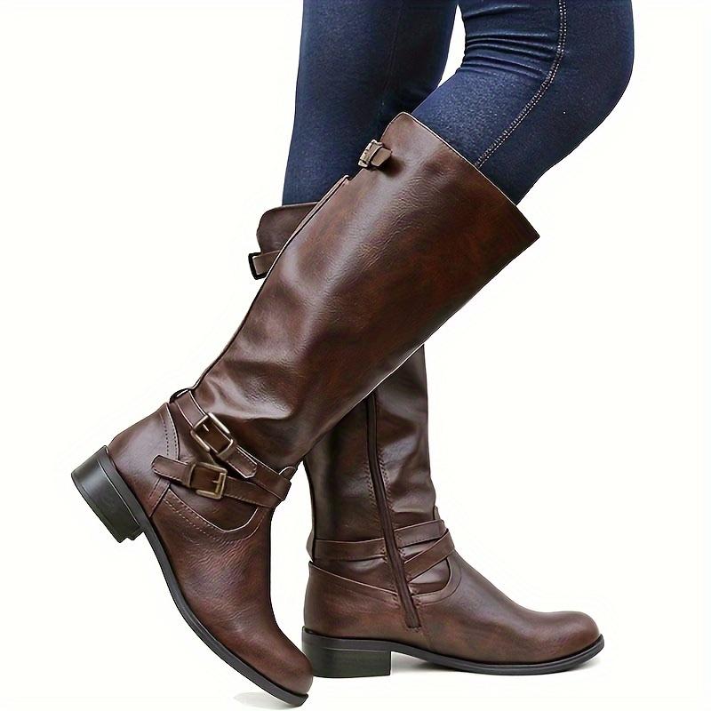 Womens Knee High Boots Wide Calf Flat Low Heel Side Zipper Faux Leather Fashion Winter Riding Boot