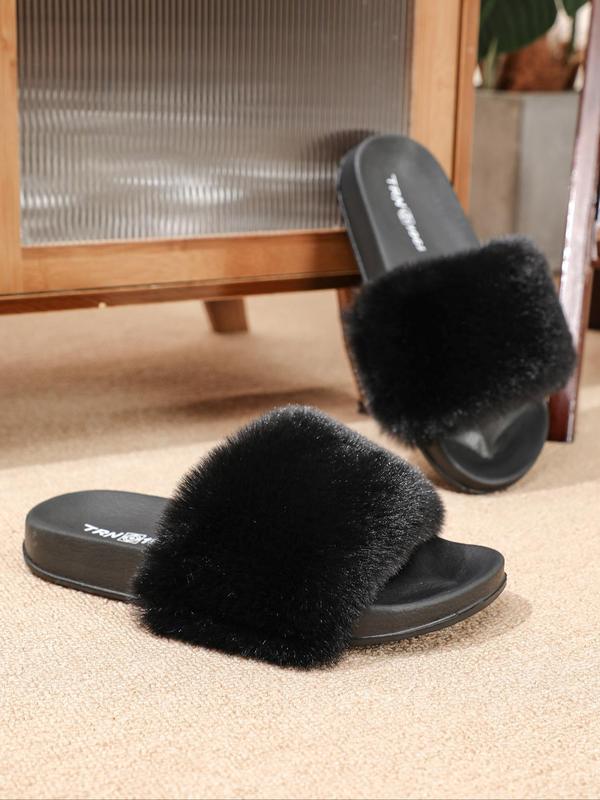 Women's Fashionable Solid Color Fluffy Plush Flat Slippers, Casual Soft Comfortable Home Slippers for Daily Wear, Perfect for Women & Girls for Indoor and Outdoor