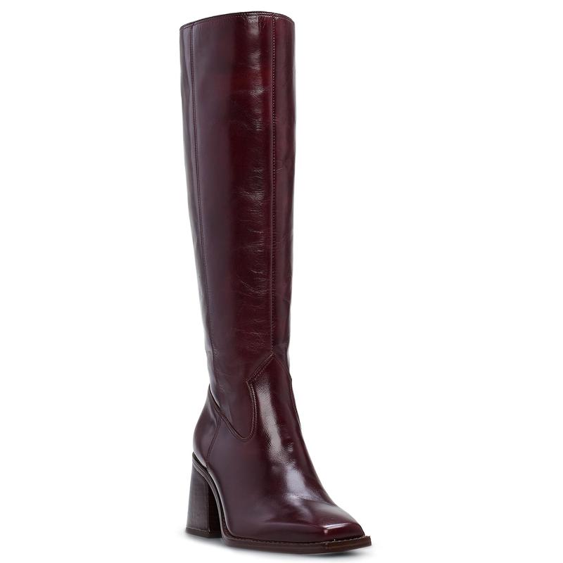 Dark Mahogany Women's Knee High Boots with Zipper Burgundy Chunky Block Heel Long Boots for Women Casual Square Toe Wide Calf Boots Low Heel Womens Boots