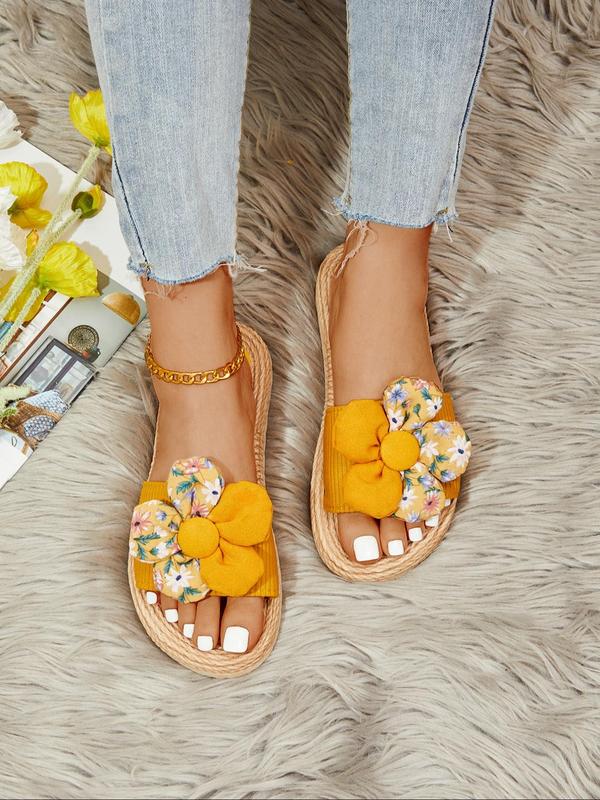 Women's Flower Decor Hemp Rope Bottom Slip-on Sandals, Boho Style Open Toe Flat Sandals for Summer, Casual Comfortable Slide Sandals for Women & Girls